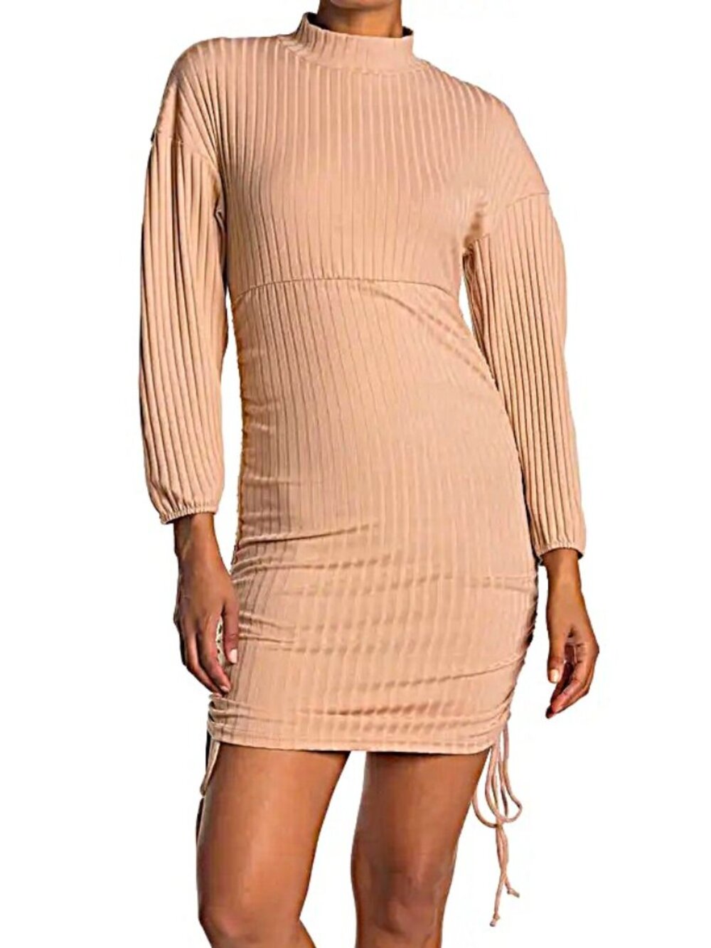 Velvet Torch Women's Khaki Ruched Ribbed Knot Long Sleeve Mini Dress SZ XL